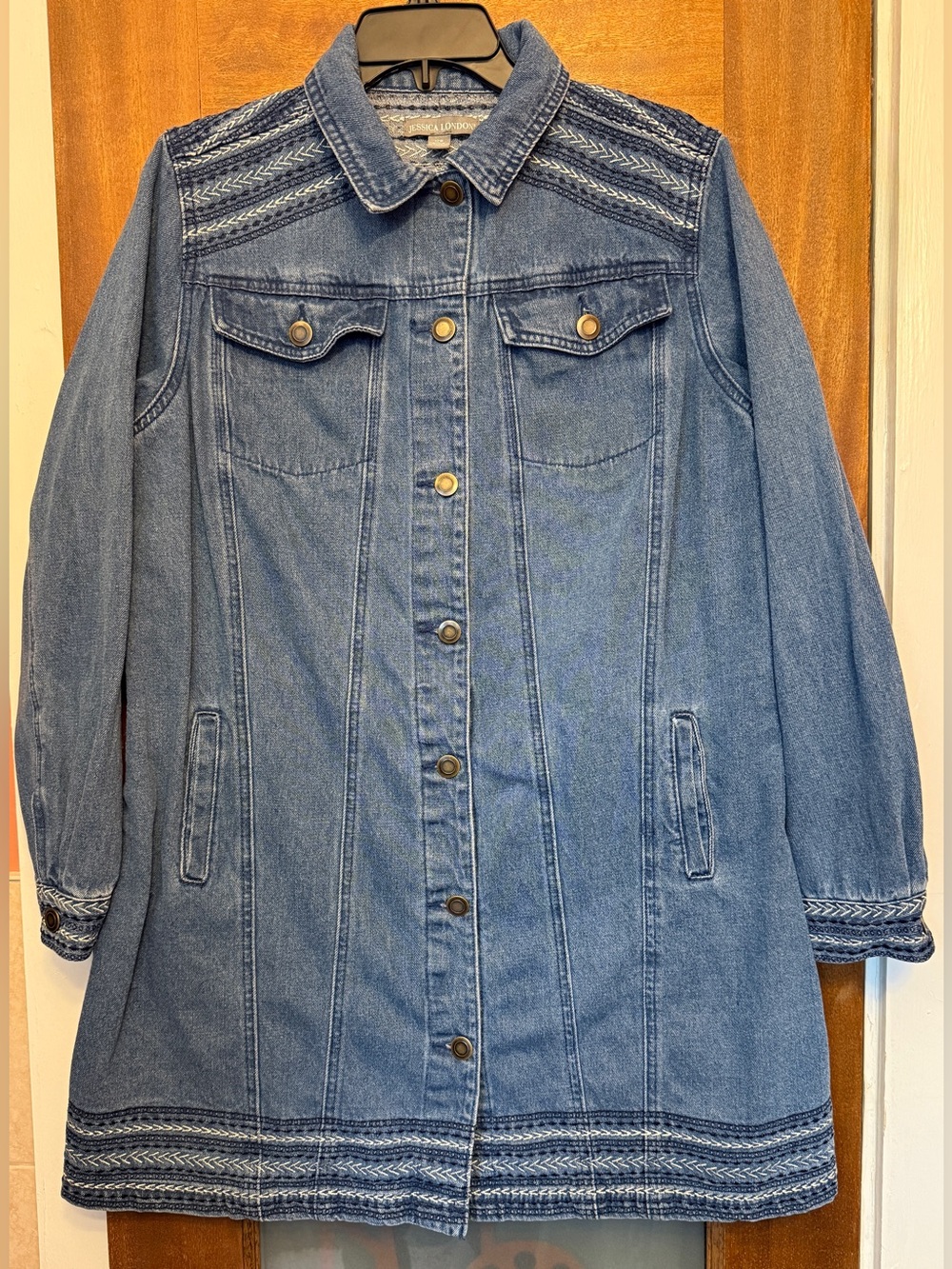 Jessica London Embroidered Long Denim Jacket Button Front Jean Coat Trench 12W